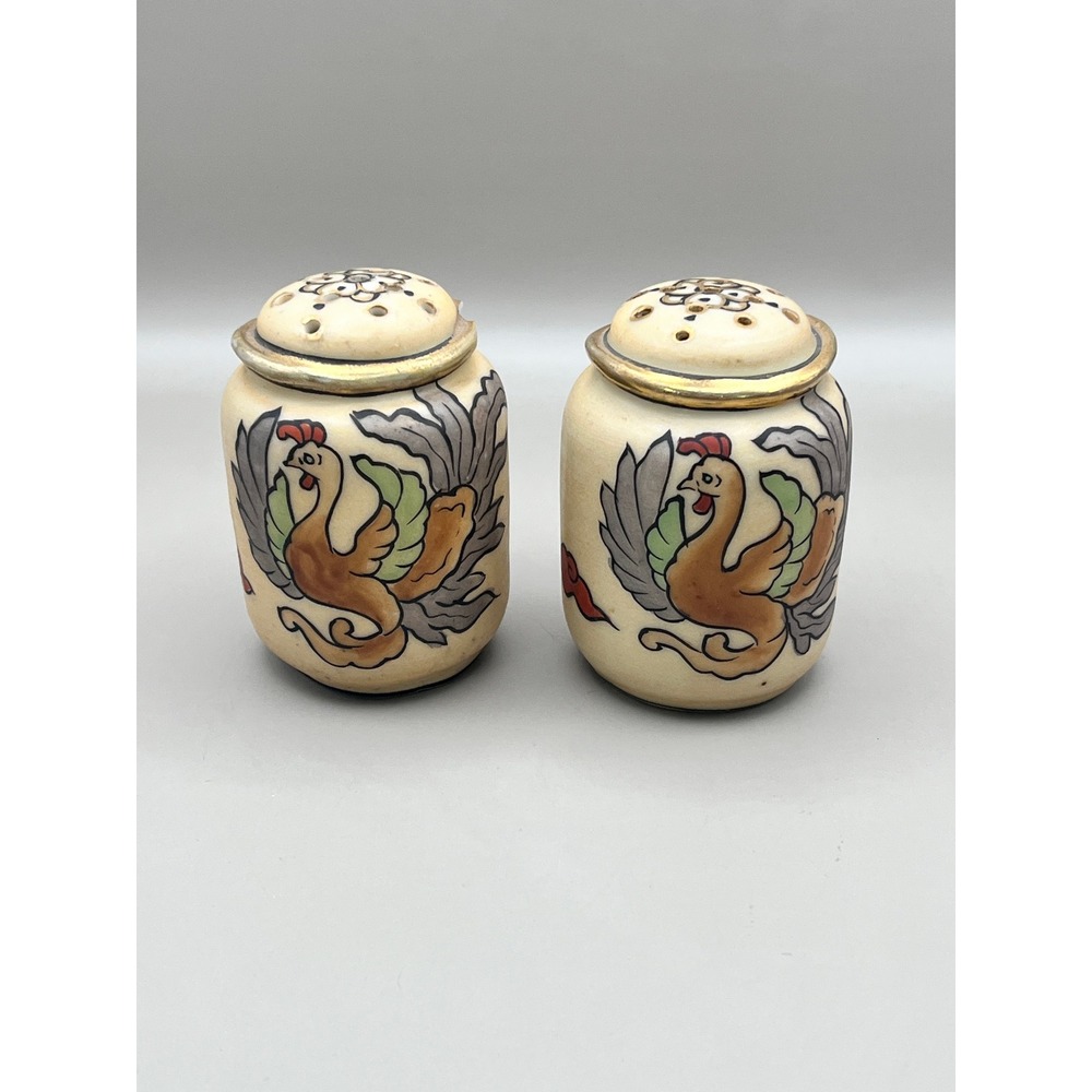 Antique Nippon Hand Painted Asian Phoenix Ceramic Salt Pepper Shakers Gold 3"‎